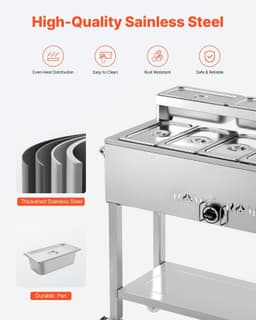 image-VEVOR Commercial Propane Steam Table, 5 Food Pans & 3 Condiment Pans, LP Gas Outdoor Soup Warmer with Drain Valve and 3" Wheels, Stainless Steel Propane Food Warmer with Adjustable Temp for Outdoor