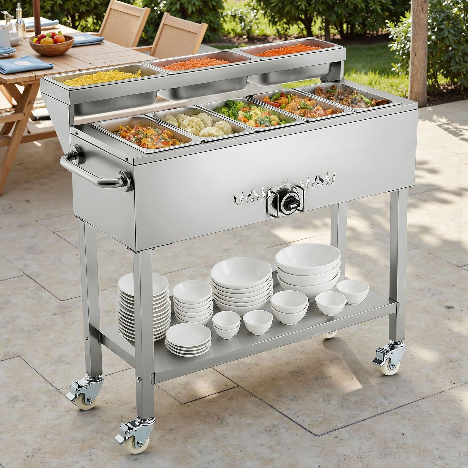 image-VEVOR Commercial Propane Steam Table, 5 Food Pans & 3 Condiment Pans, LP Gas Outdoor Soup Warmer with Drain Valve and 3" Wheels, Stainless Steel Propane Food Warmer with Adjustable Temp for Outdoor