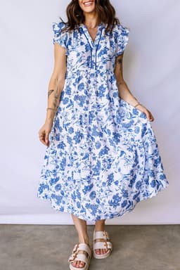 image-Blue Ruffled Short Sleeve Tiered Floral Midi Dress