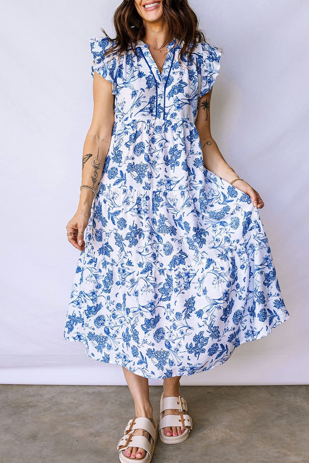 image-Blue Ruffled Short Sleeve Tiered Floral Midi Dress
