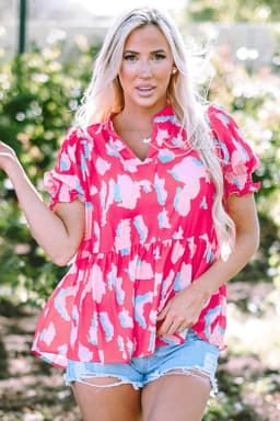 image-Rose Abstract Print Smocked Puff Sleeve V Neck Blouse