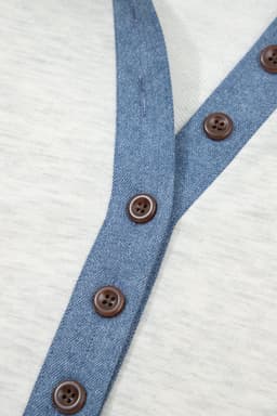 image-Light Grey Denim Patchwork Polo Top - Long Sleeve