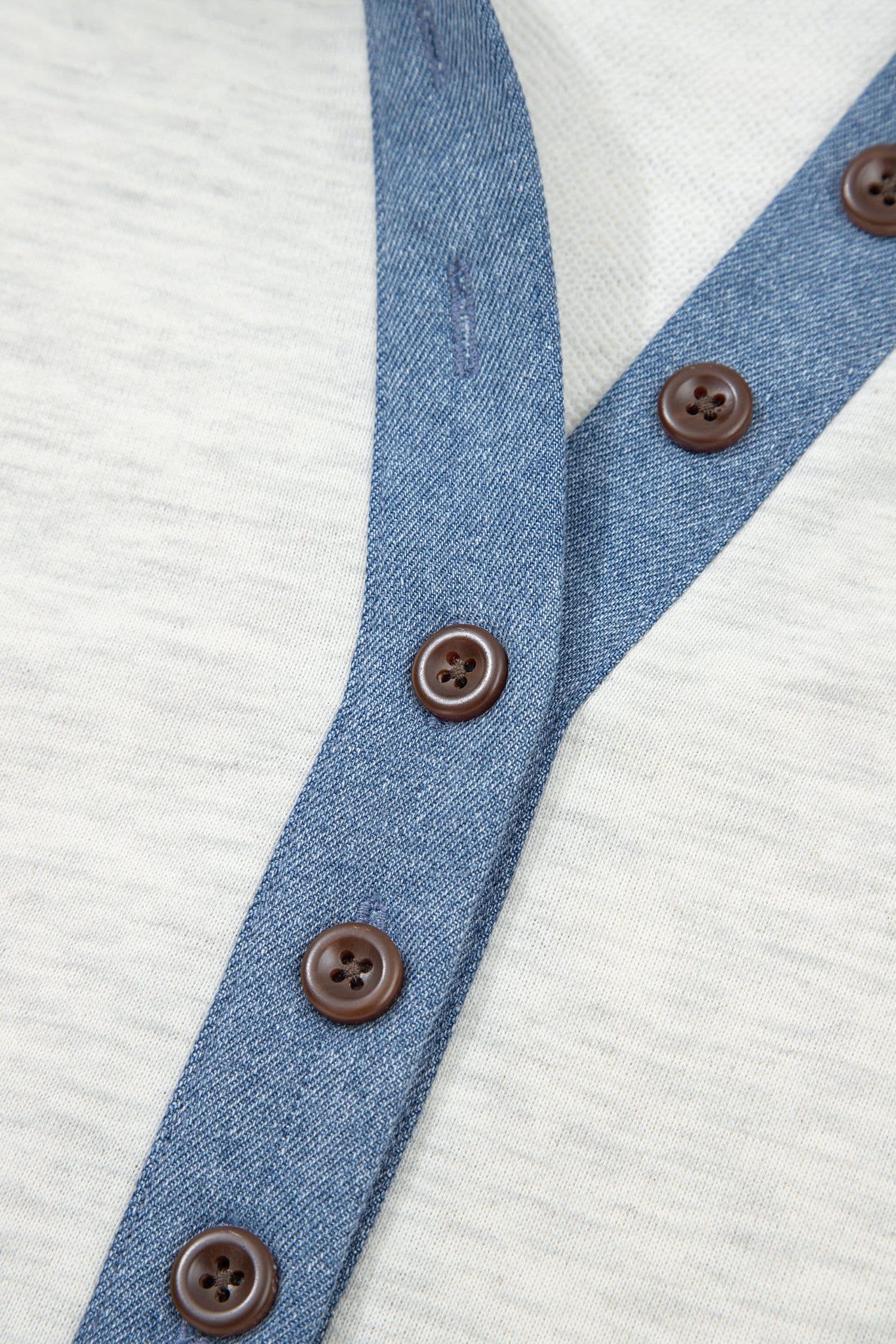 image-Light Grey Denim Patchwork Polo Top - Long Sleeve