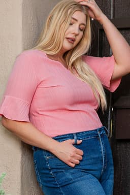 image-Peach Blossom Ruffled V Neck Textured Plus Size Top
