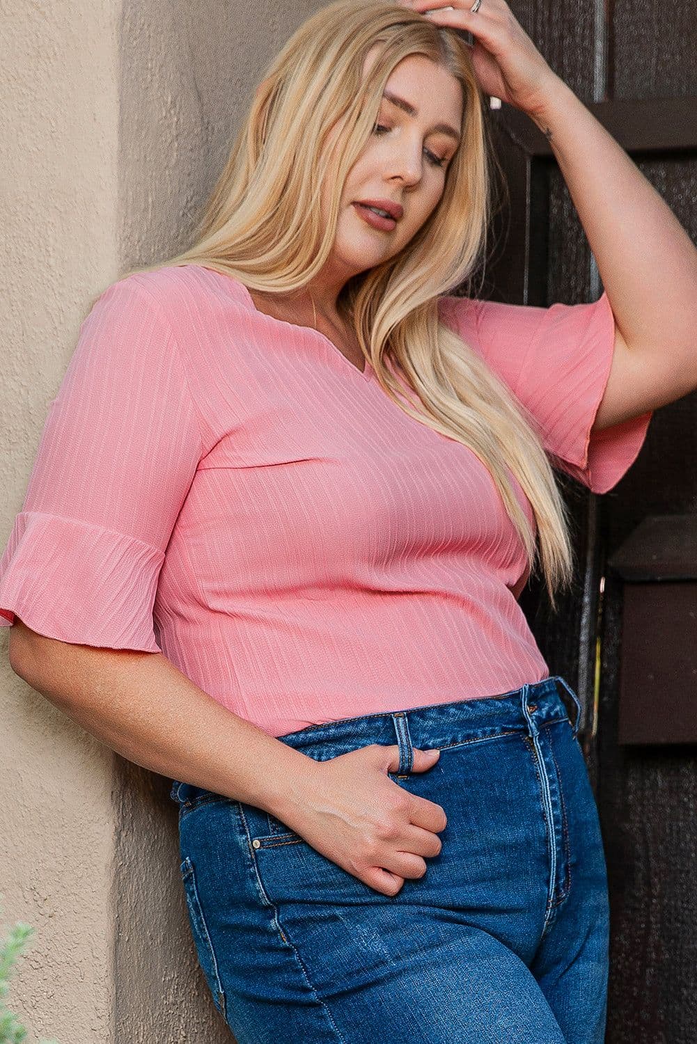 image-Peach Blossom Ruffled V Neck Textured Plus Size Top