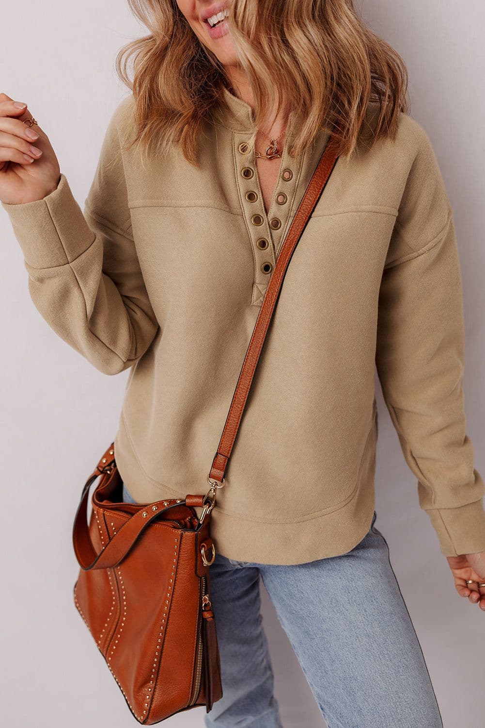 image-Light French Beige Grommet Detail V Neck Sweatshirt
