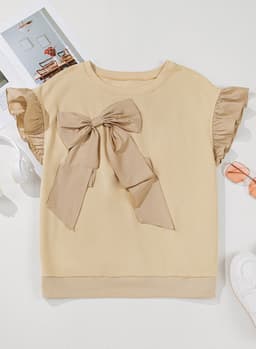 image-Plus Size Ruffled Bowknot Top - Short Sleeve - Plus Size