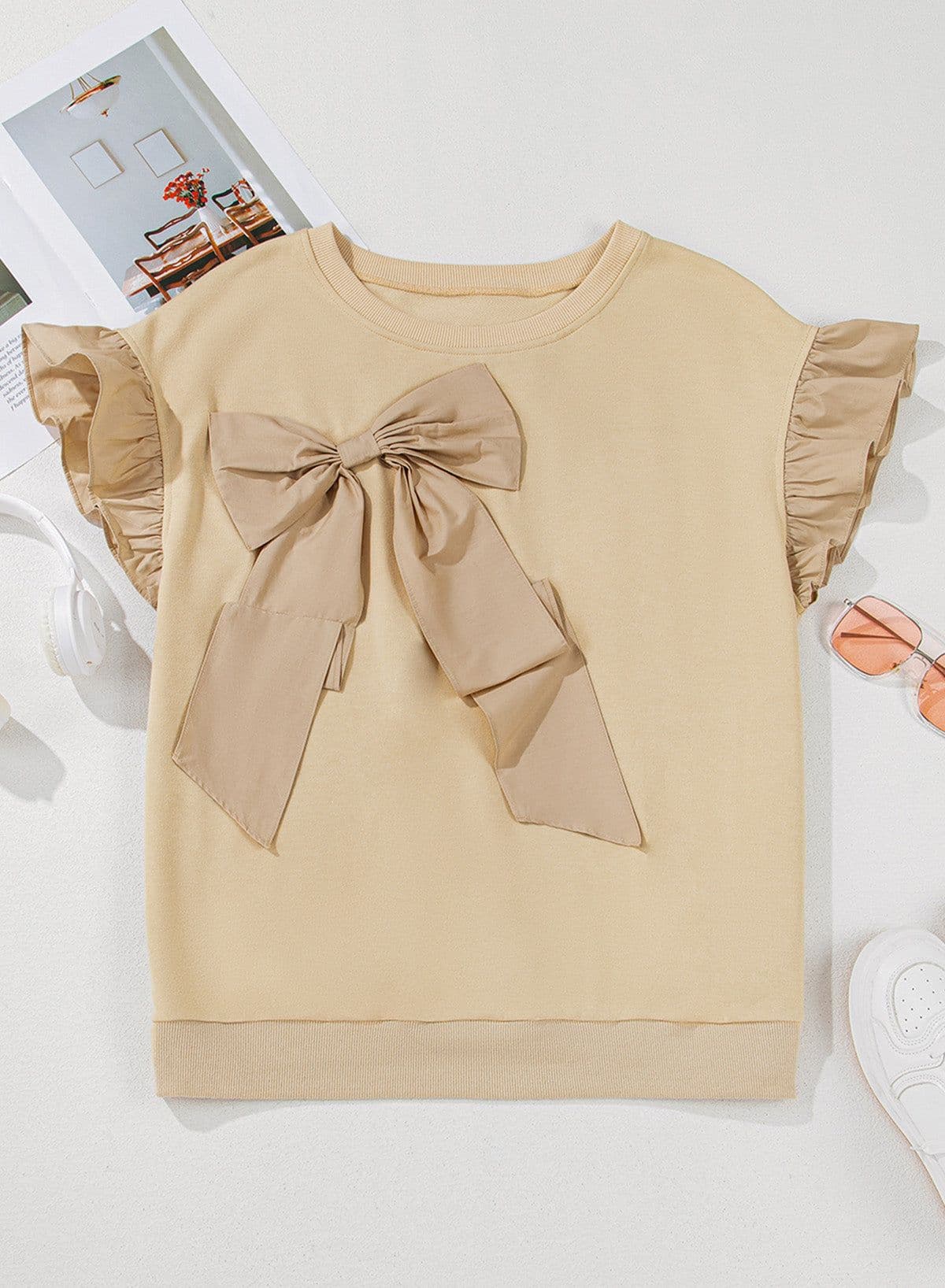 image-Plus Size Ruffled Bowknot Top - Short Sleeve - Plus Size