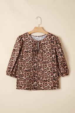 image-Brown Leopard Bow Tie Puff Sleeve Blouse