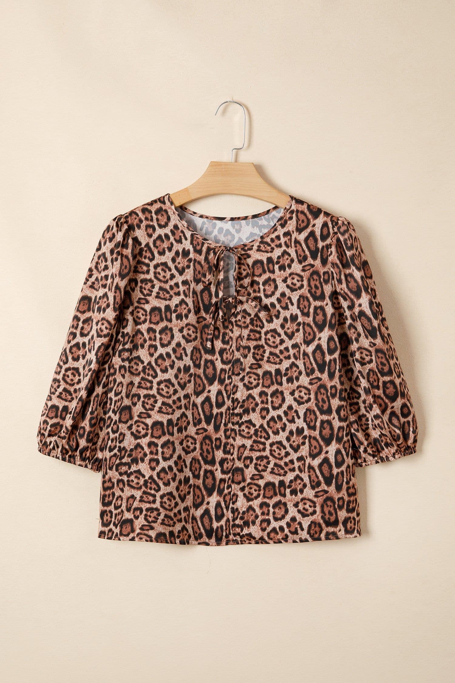 image-Brown Leopard Bow Tie Puff Sleeve Blouse