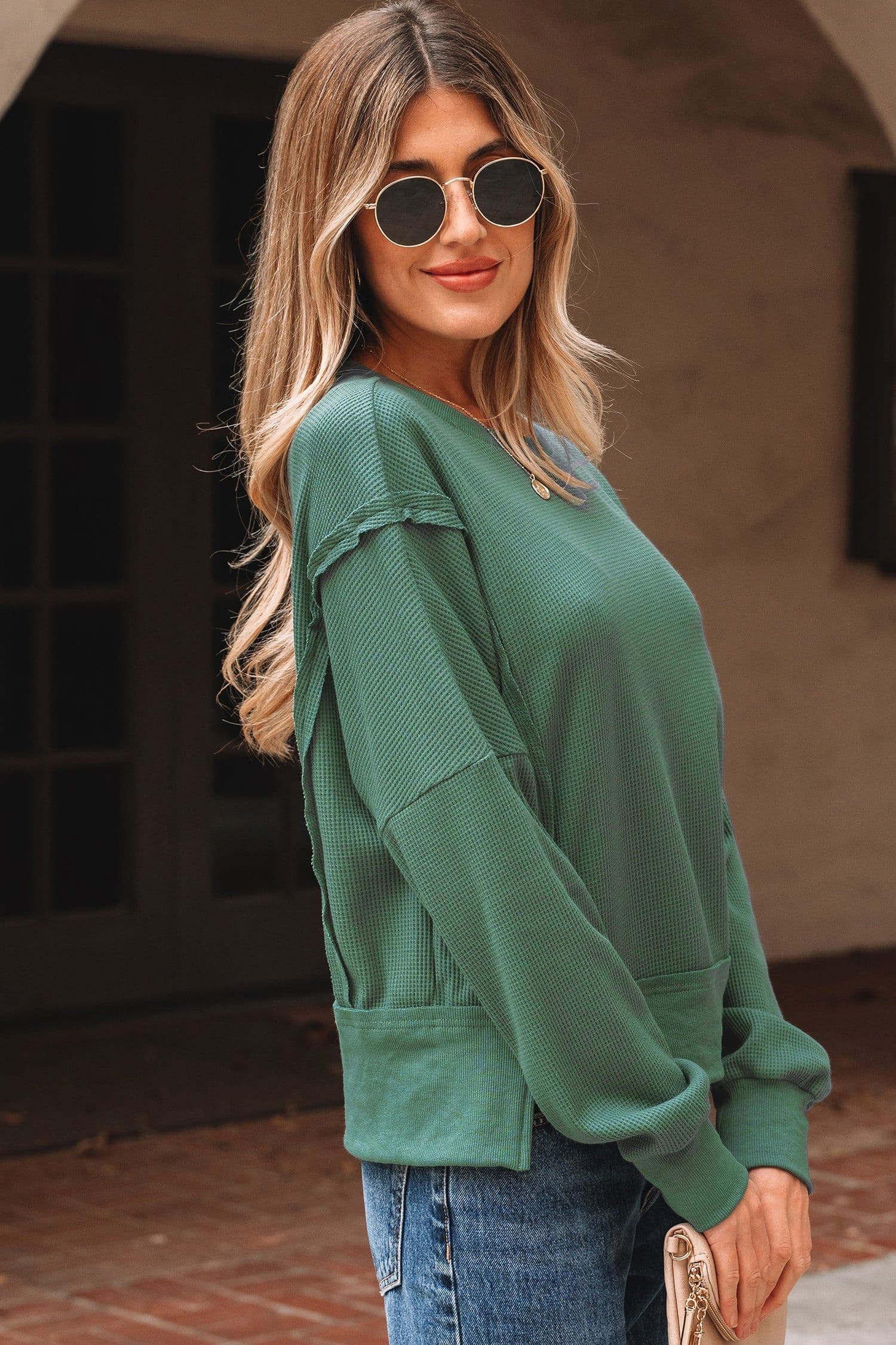 image-Orchid Mist Solid Color Raw Seam Patchwork Ribbed Drop Shoulder Sweatshirt