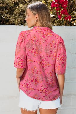 image-Rose Red Floral Print Shirt - Wide Short Sleeve Loose