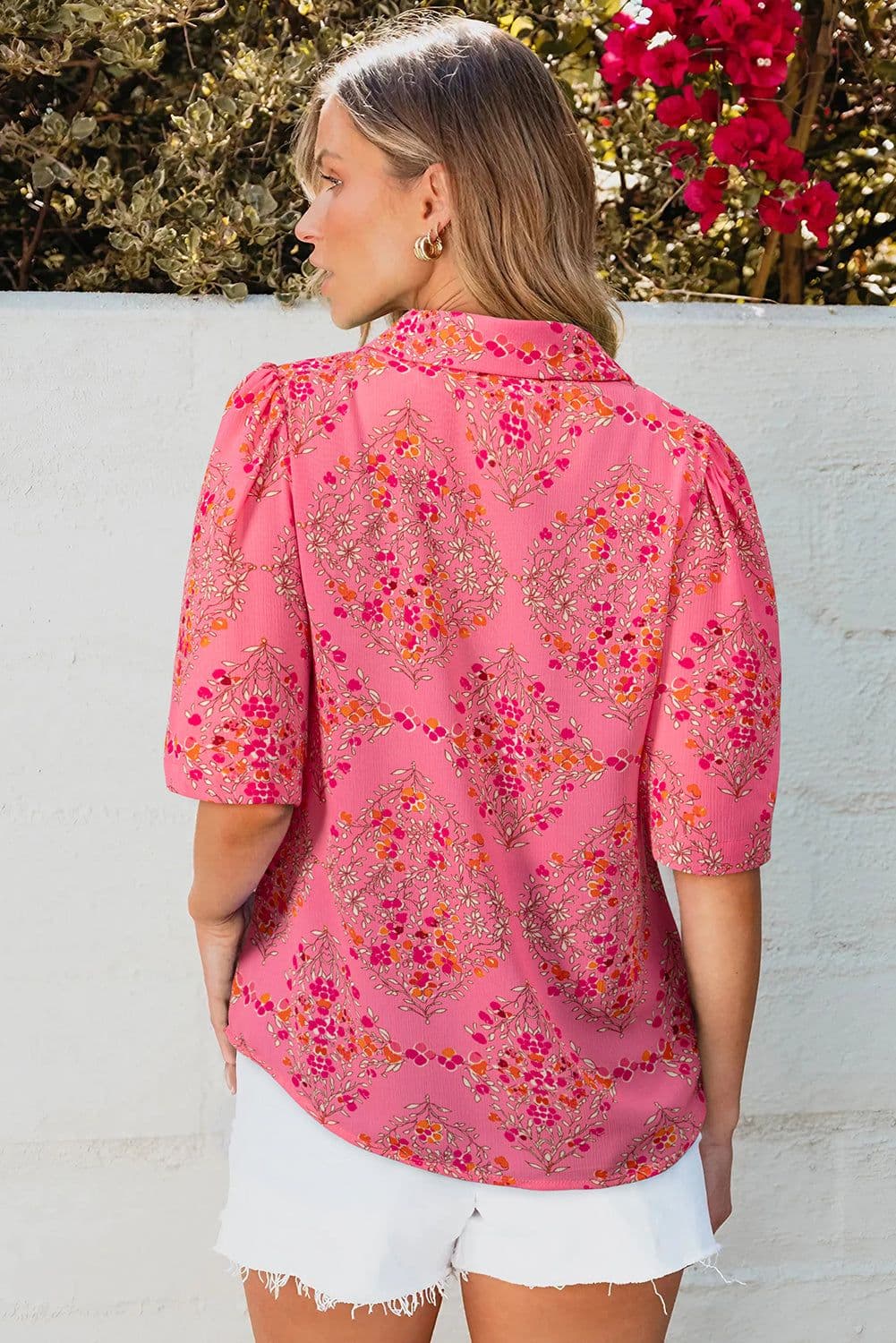 image-Rose Red Floral Print Shirt - Wide Short Sleeve Loose