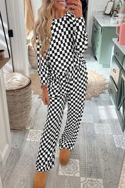 image-Checkered Print Lounge Set - Beige Long Sleeve Top & Pants Set