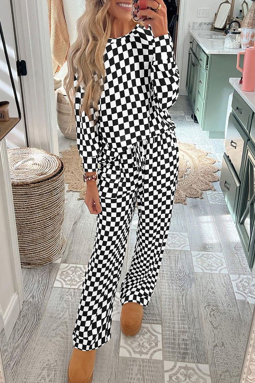 image-Checkered Print Lounge Set - Beige Long Sleeve Top & Pants Set