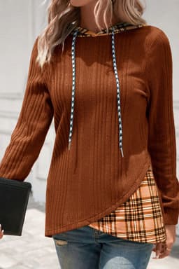image-Chestnut Plaid Patchwork Ribbed Knit Hooded Top