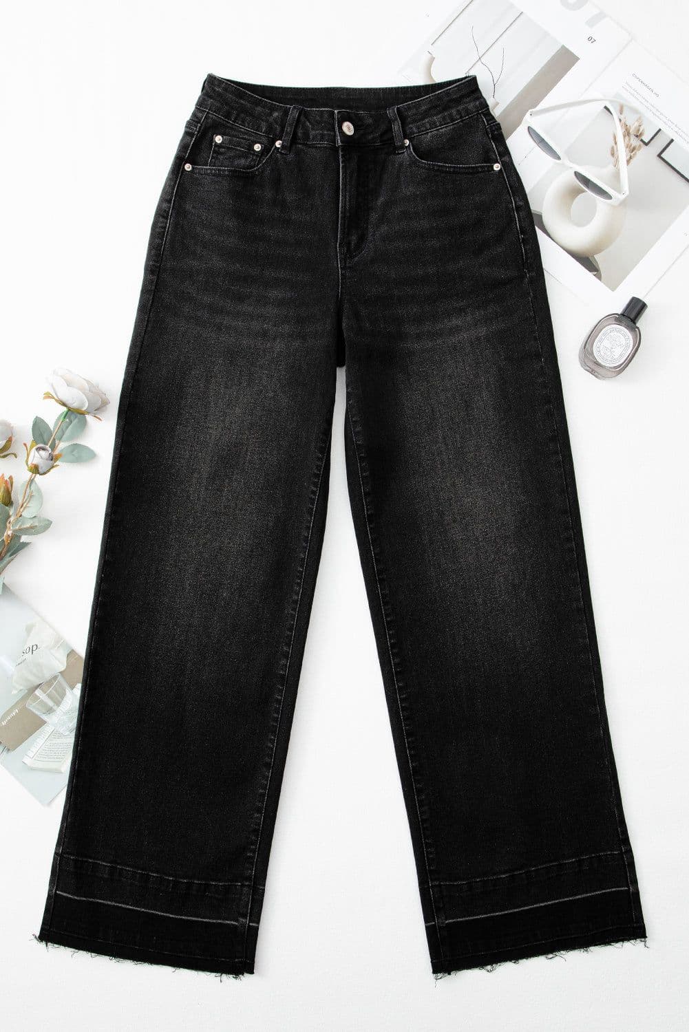 image-Black Raw Hem Unique Cuffs Straight High Rise Loose Jeans
