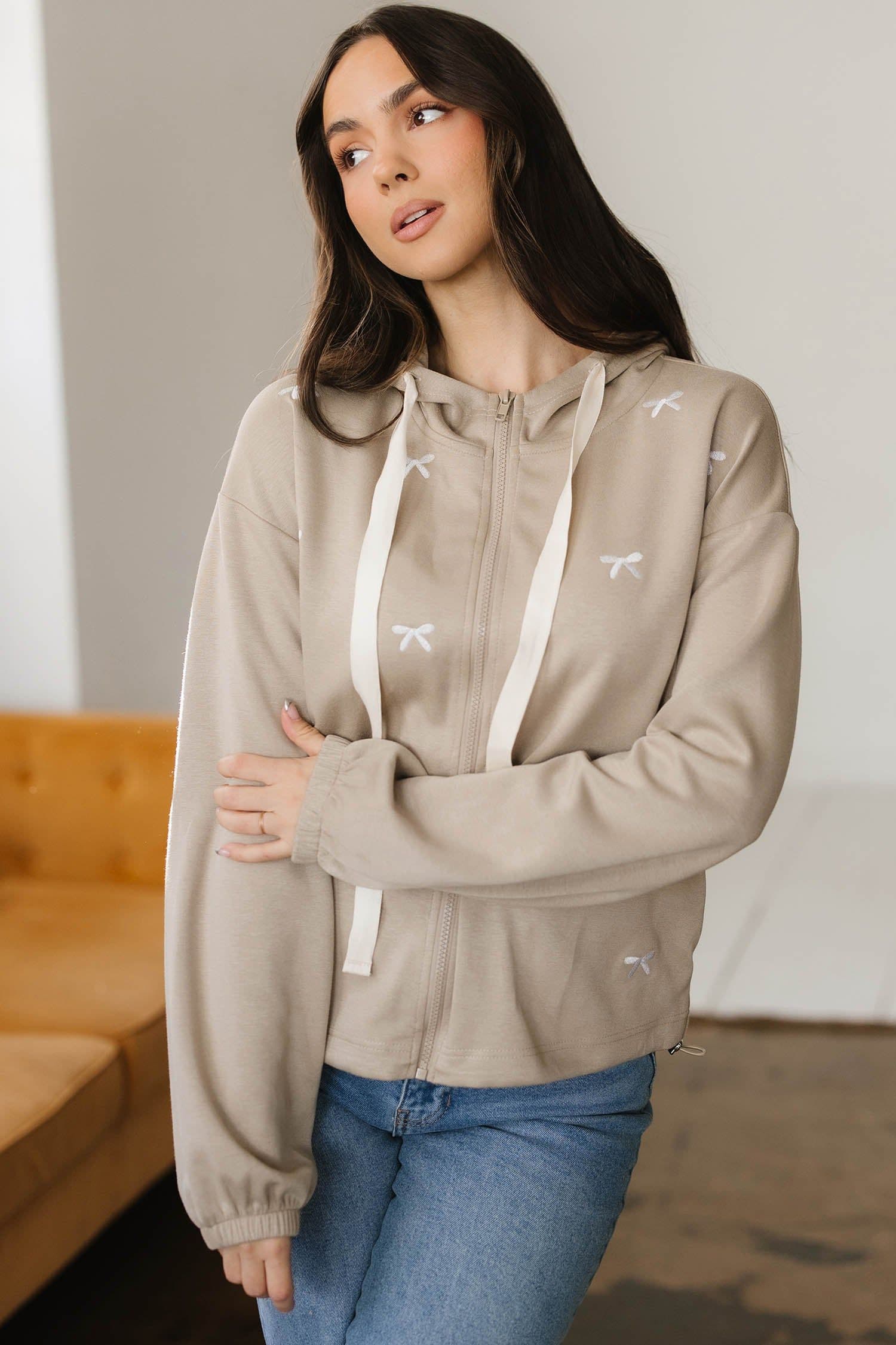 image-Contrast Bow Embroidered Zip Up Jacket Hoodie