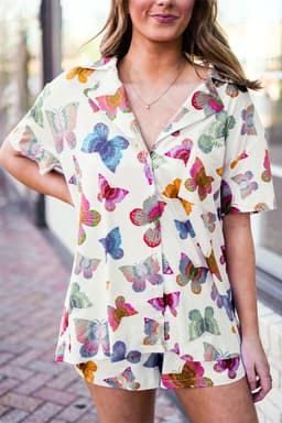 image-Multicolour Butterfly Pattern Short Sleeve Shirt Pajamas Set
