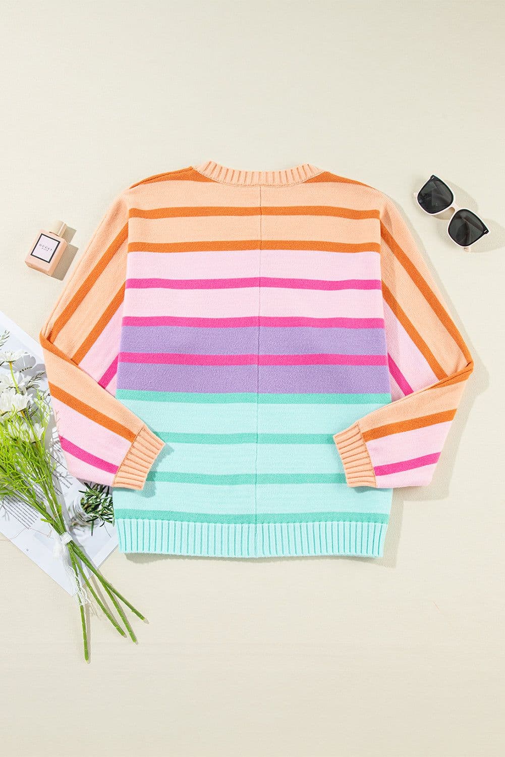 image-Multicolour Gradient Striped Ribbed Edge Loose Sweater