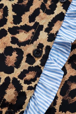 image-Brown Wild Leopard Print Contrast Striped Frilled Trim Chic Shirt
