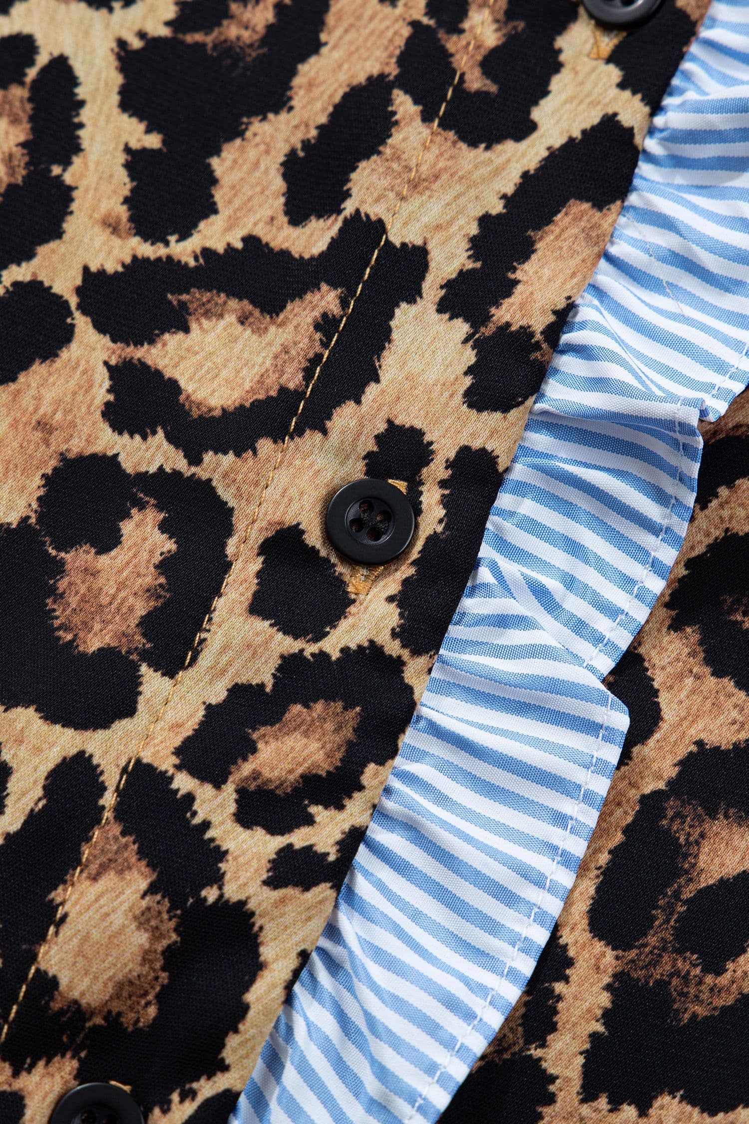 image-Brown Wild Leopard Print Contrast Striped Frilled Trim Chic Shirt