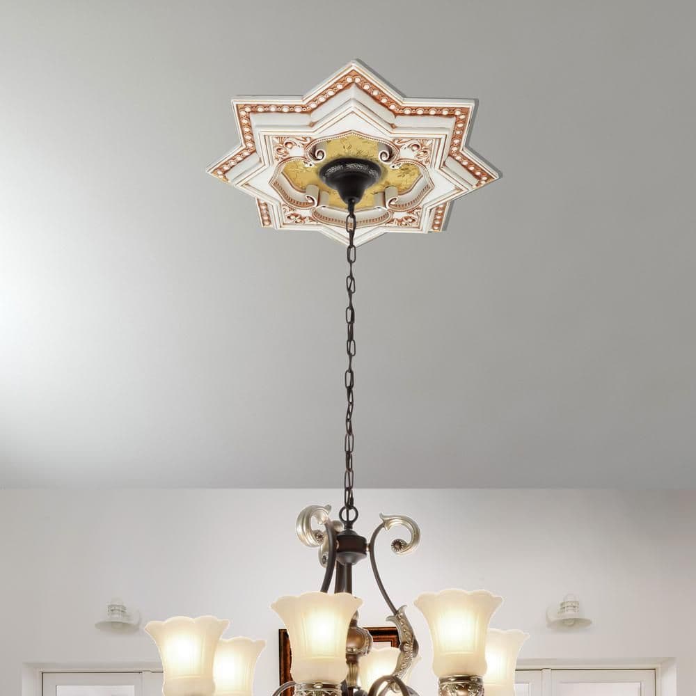 image-Ivory and Gold Eight Pointed Star Chandelier Ceiling Medallion 24in