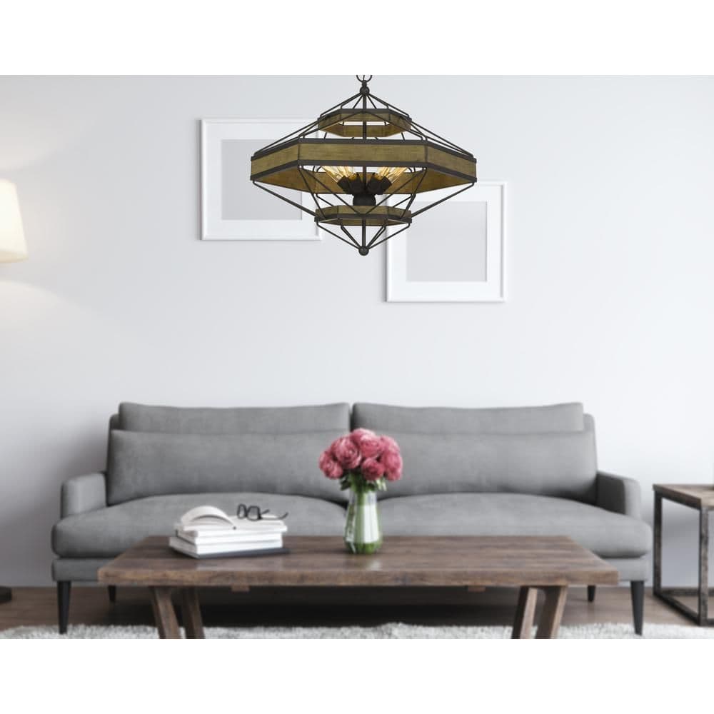 image-Alicante 60W X 6 Pine Wood/Metal Chandelier (Edison Bulbs Not Included)