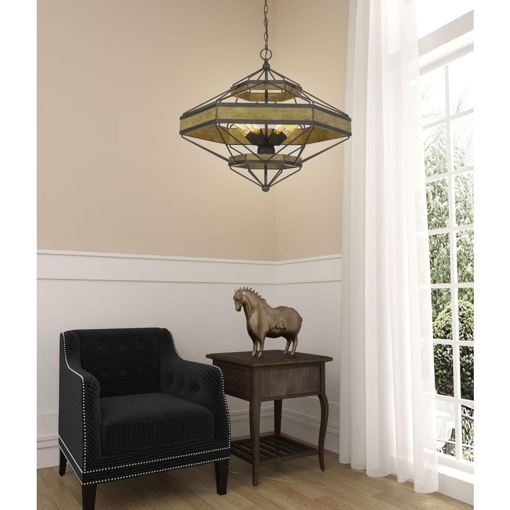 image-Alicante 60W X 6 Pine Wood/Metal Chandelier (Edison Bulbs Not Included)