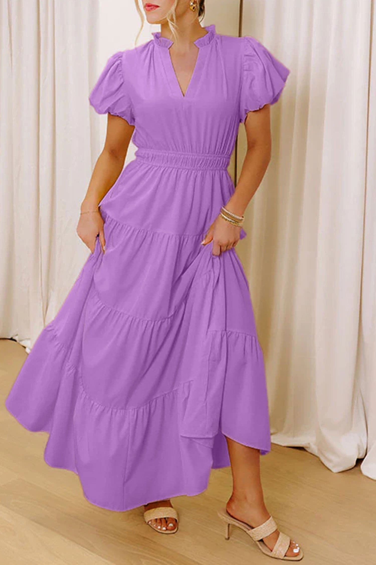 image-Bright Green V Neck Puff Sleeve High Waist Tiered Maxi