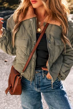 image-Jungle Green Teddy Collar Flap Pockets Quilted Puffer Jacket
