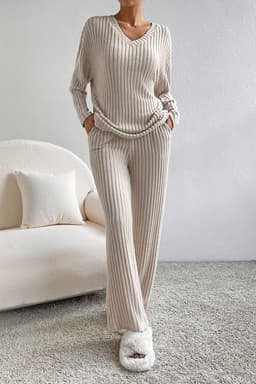 image-Ribbed Knit V Neck Slouchy Two-Piece Outfit - Khaki Modern Chic