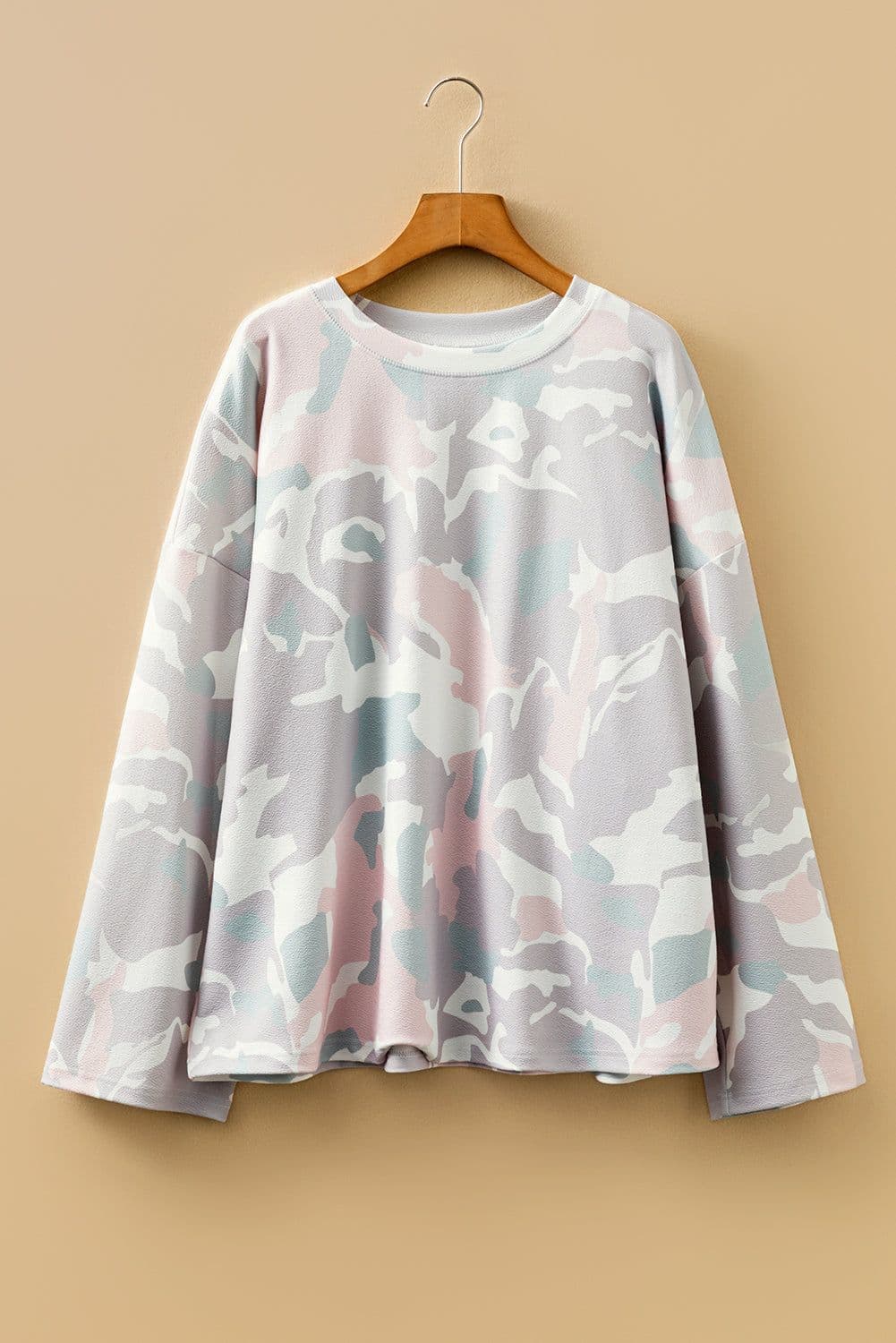 image-Green Plus Size Camouflage Print Drop Shoulder Pullover