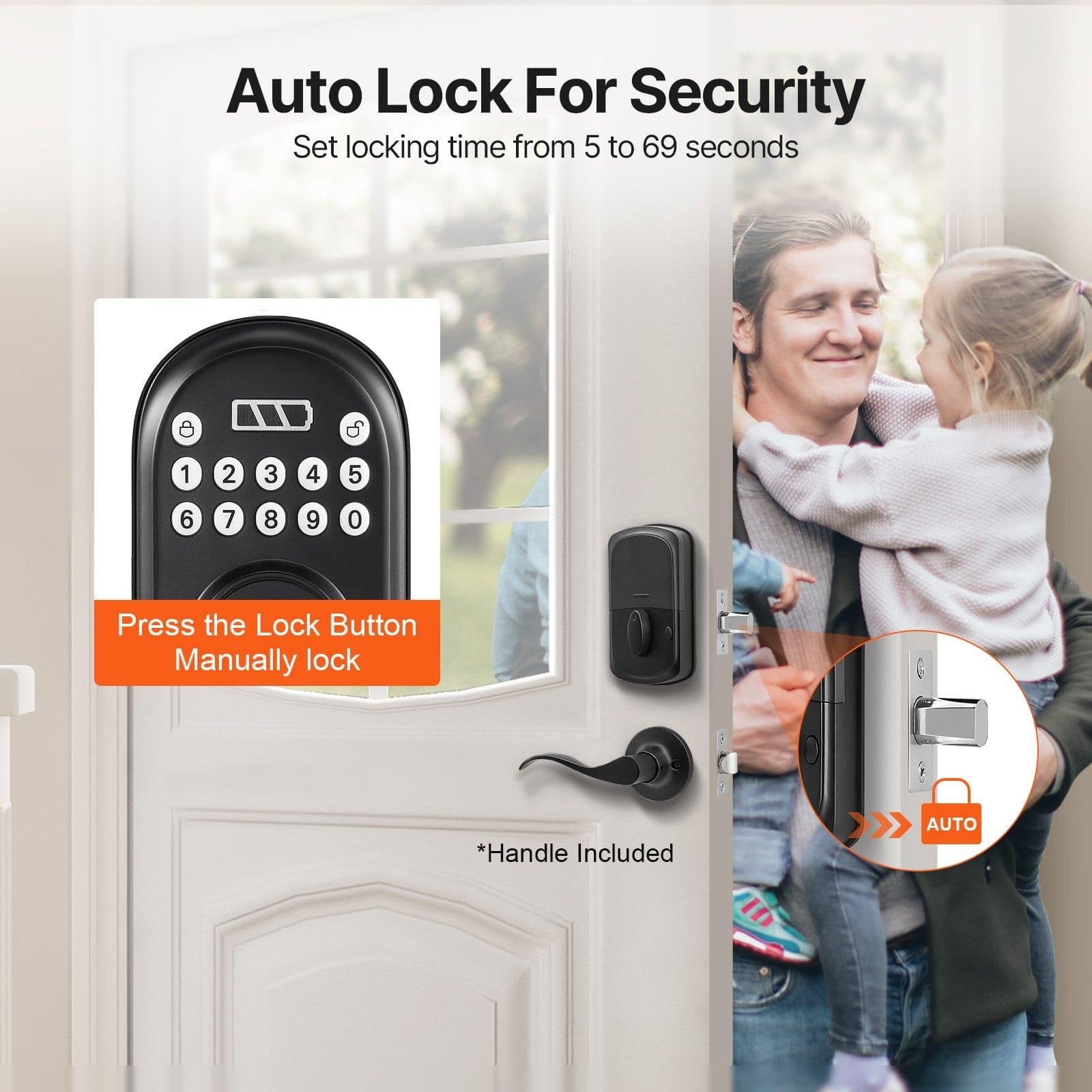 image-VEVOR Keyless Entry Door Lock with Handle, Electronic Keypad Entry Lever, Password and Key Unlock Combination, Auto-Locking Keypad with Deadbolt, One-time Password, for Front Door, Matte Black