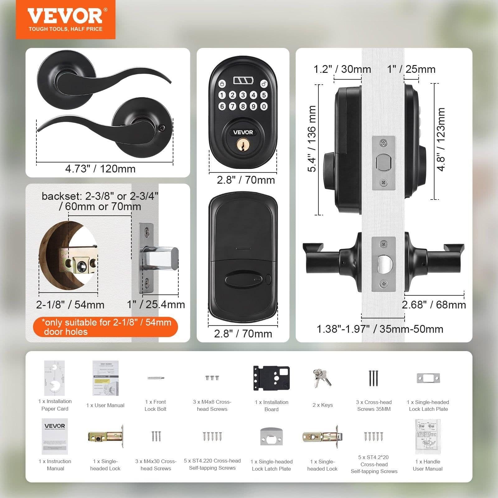 image-VEVOR Keyless Entry Door Lock with Handle, Electronic Keypad Entry Lever, Password and Key Unlock Combination, Auto-Locking Keypad with Deadbolt, One-time Password, for Front Door, Matte Black