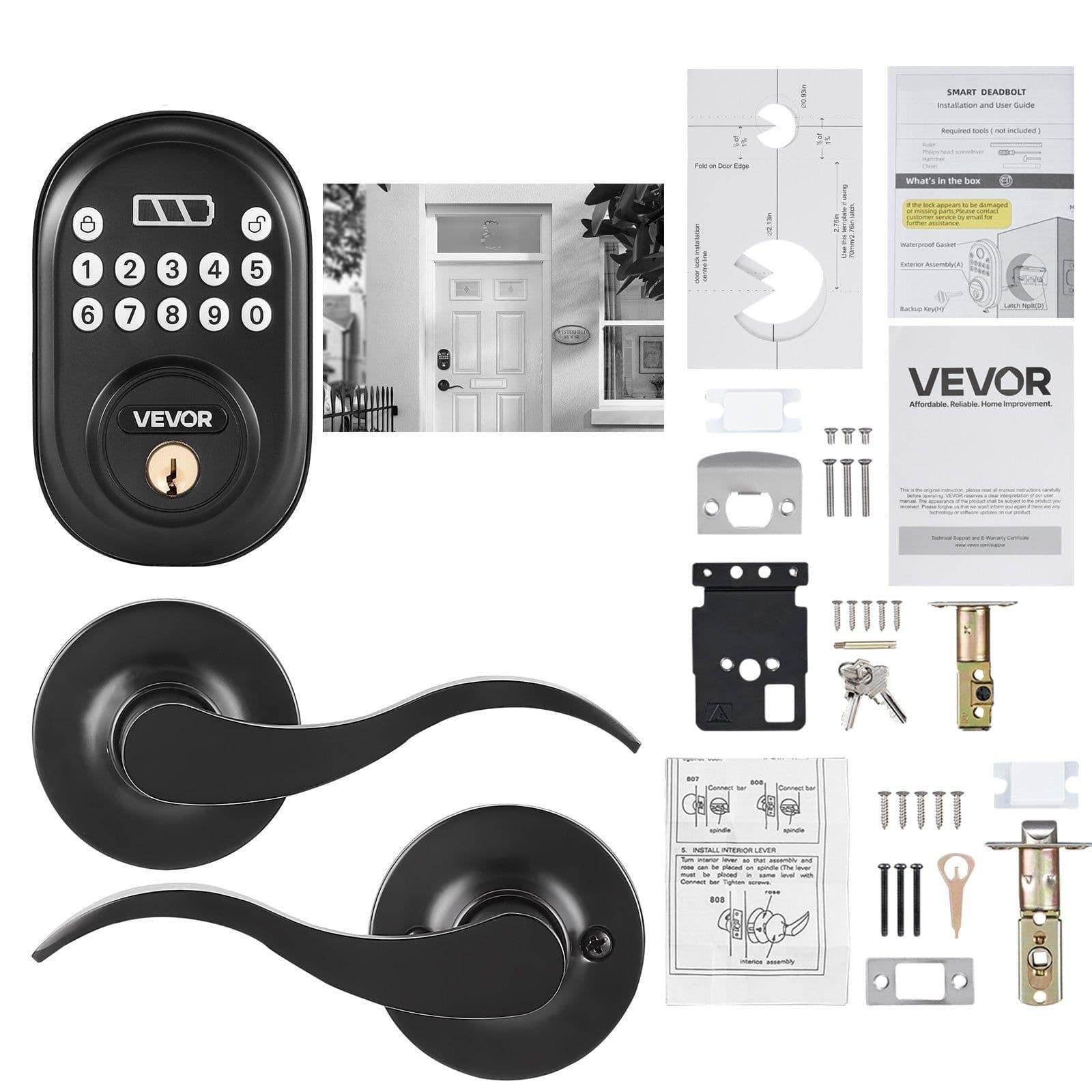 image-VEVOR Keyless Entry Door Lock with Handle, Electronic Keypad Entry Lever, Password and Key Unlock Combination, Auto-Locking Keypad with Deadbolt, One-time Password, for Front Door, Matte Black