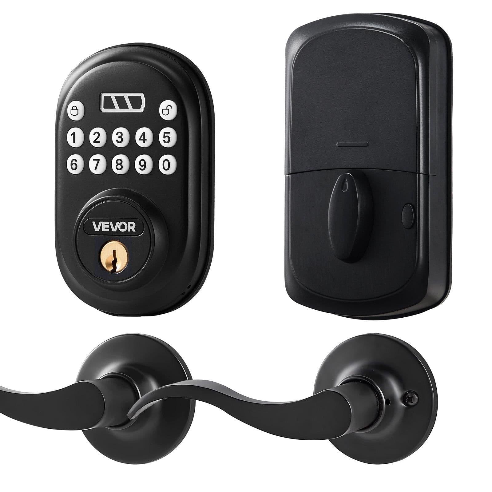 image-VEVOR Keyless Entry Door Lock with Handle, Electronic Keypad Entry Lever, Password and Key Unlock Combination, Auto-Locking Keypad with Deadbolt, One-time Password, for Front Door, Matte Black
