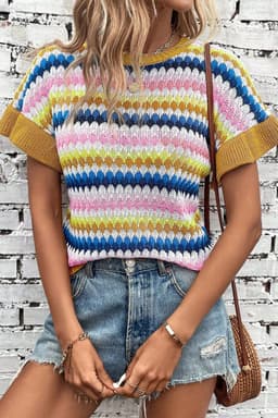 image-Fiery Red Trimmed Ruffle Sleeve Colorful Textured Sweater
