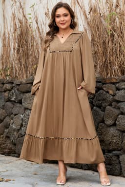 image-Chestnut Smocked V Neckline Leopard Piping Accent Bracelet Plus Size Long Dress