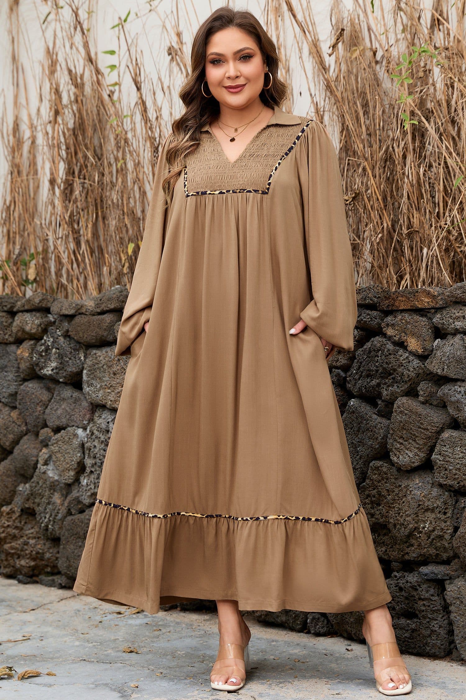 image-Chestnut Smocked V Neckline Leopard Piping Accent Bracelet Plus Size Long Dress