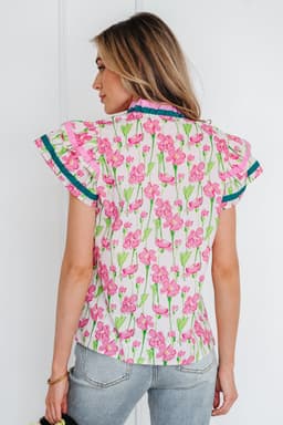 image-Pink Floral Print Blouse - V Neck Double Ruffle