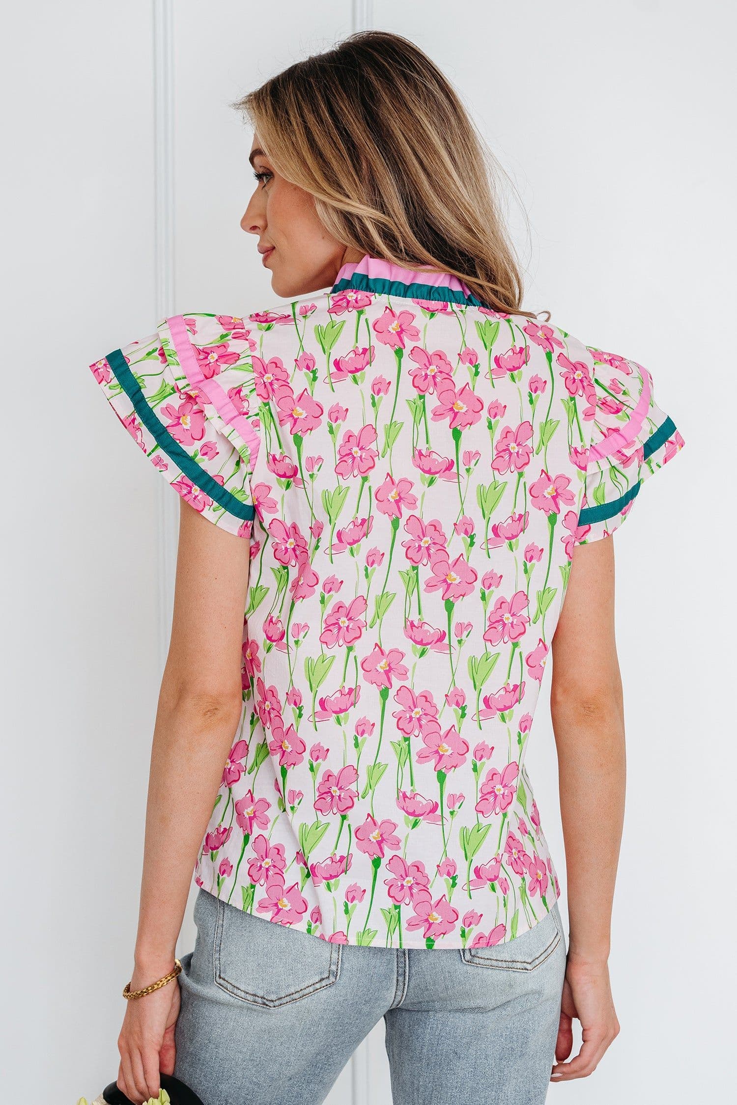 image-Pink Floral Print Blouse - V Neck Double Ruffle