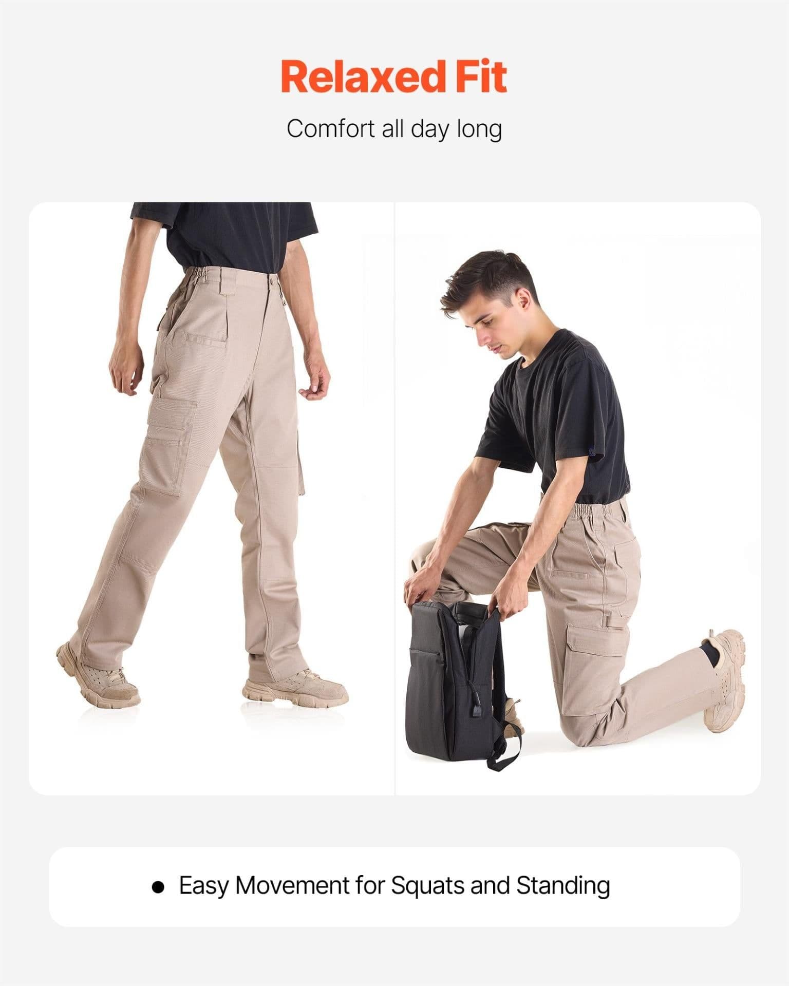 image-VEVOR FR Pants for Men, 9 oz 100% Cotton, Flame-Resistant Cargo Pants with Multi-Pockets and Elastic Waist, Reinforced Tear-proof Stitching, Ideal for Welding Work and Casual Wear, L Size, Khaki