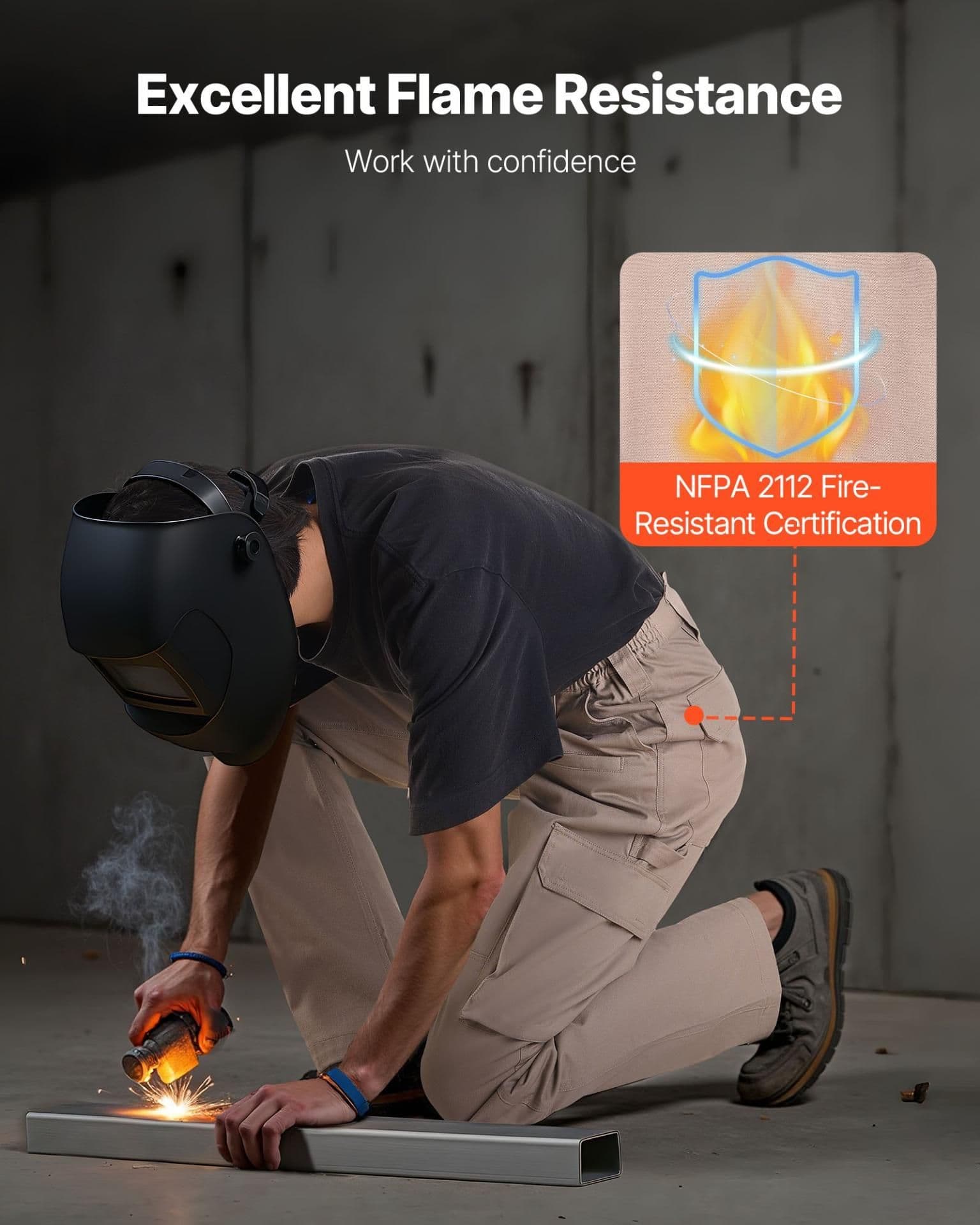 image-VEVOR FR Pants for Men, 9 oz 100% Cotton, Flame-Resistant Cargo Pants with Multi-Pockets and Elastic Waist, Reinforced Tear-proof Stitching, Ideal for Welding Work and Casual Wear, L Size, Khaki