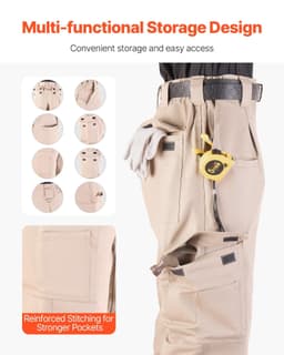 image-VEVOR FR Pants for Men, 9 oz 100% Cotton, Flame-Resistant Cargo Pants with Multi-Pockets and Elastic Waist, Reinforced Tear-proof Stitching, Ideal for Welding Work and Casual Wear, L Size, Khaki