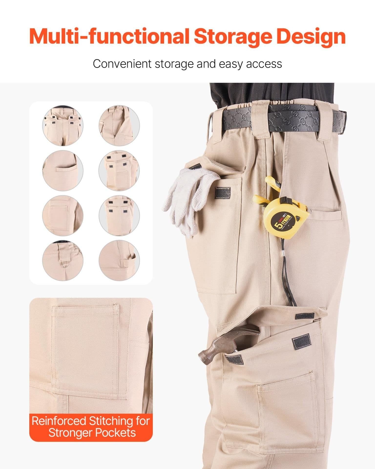 image-VEVOR FR Pants for Men, 9 oz 100% Cotton, Flame-Resistant Cargo Pants with Multi-Pockets and Elastic Waist, Reinforced Tear-proof Stitching, Ideal for Welding Work and Casual Wear, L Size, Khaki