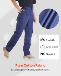 image-VEVOR FR Pants for Men, 9 oz 100% Cotton, Flame-Resistant Cargo Pants with Multi-Pockets and Elastic Waist, Reinforced Tear-proof Stitching, Ideal for Welding Work and Casual Wear, M Size, Dark Blue