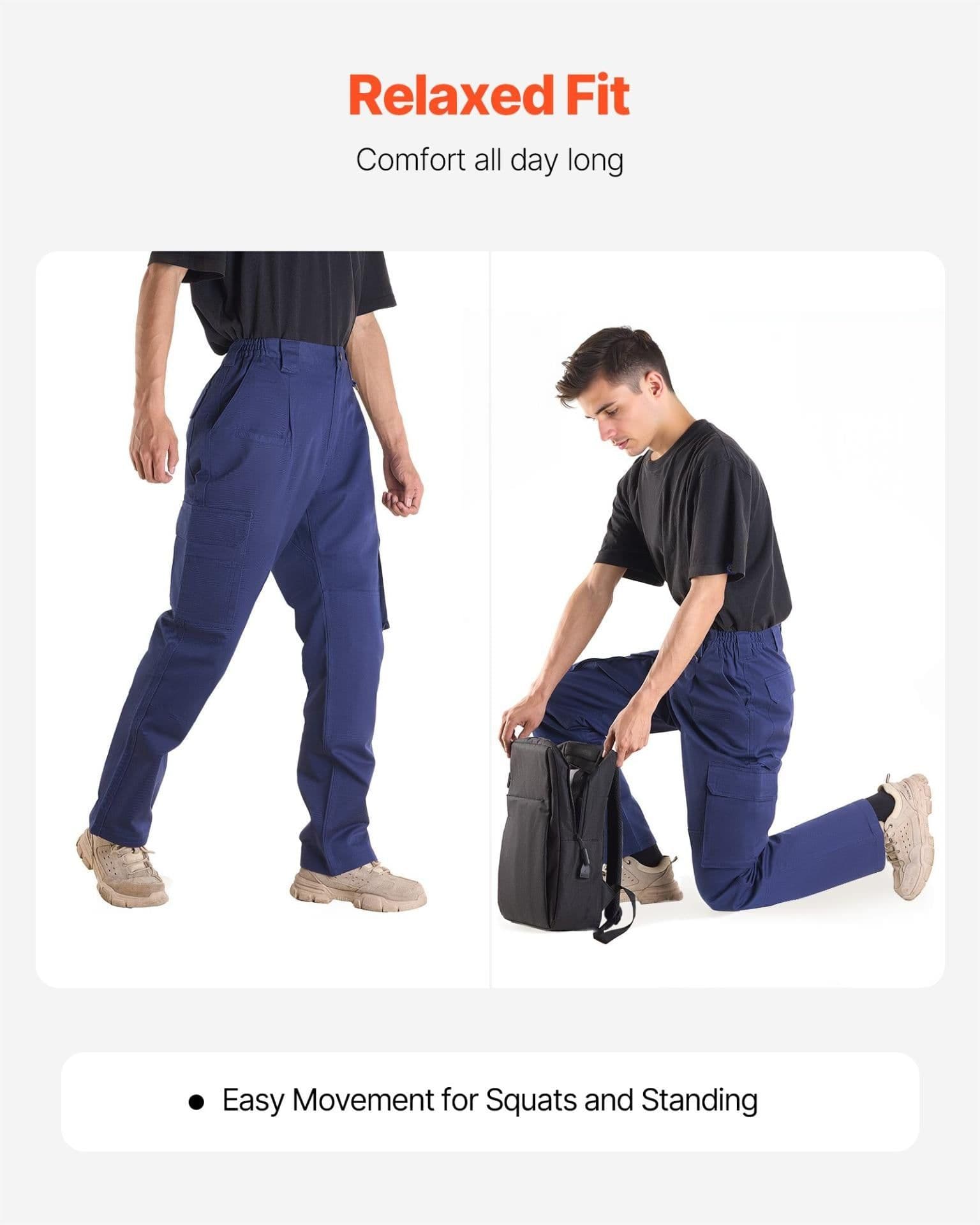 image-VEVOR FR Pants for Men, 9 oz 100% Cotton, Flame-Resistant Cargo Pants with Multi-Pockets and Elastic Waist, Reinforced Tear-proof Stitching, Ideal for Welding Work and Casual Wear, M Size, Dark Blue