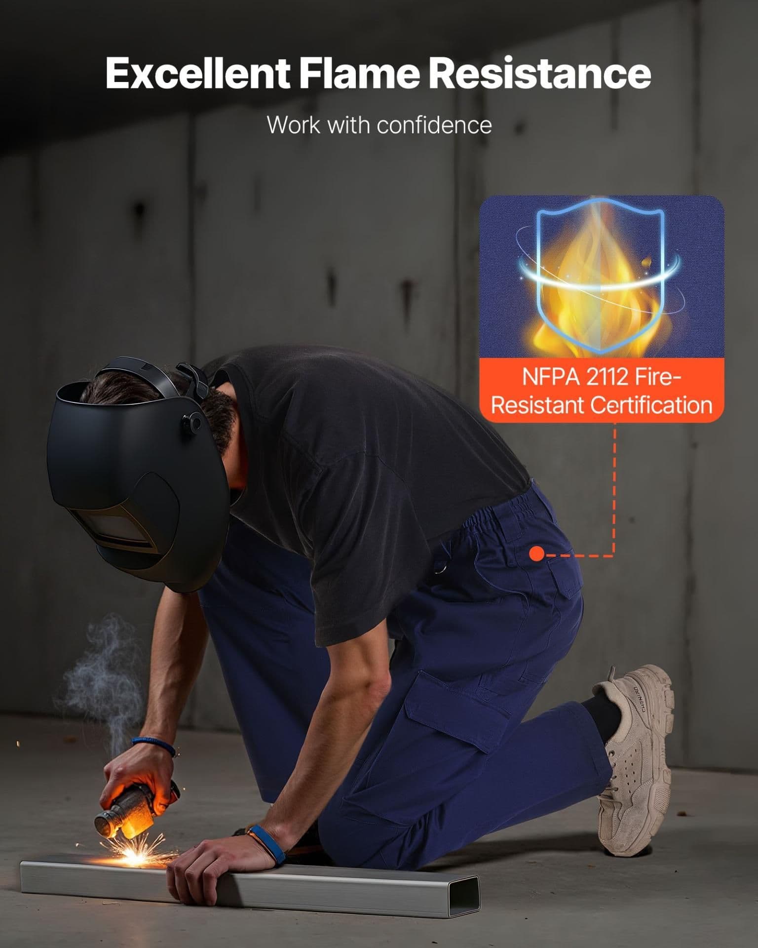 image-VEVOR FR Pants for Men, 9 oz 100% Cotton, Flame-Resistant Cargo Pants with Multi-Pockets and Elastic Waist, Reinforced Tear-proof Stitching, Ideal for Welding Work and Casual Wear, M Size, Dark Blue