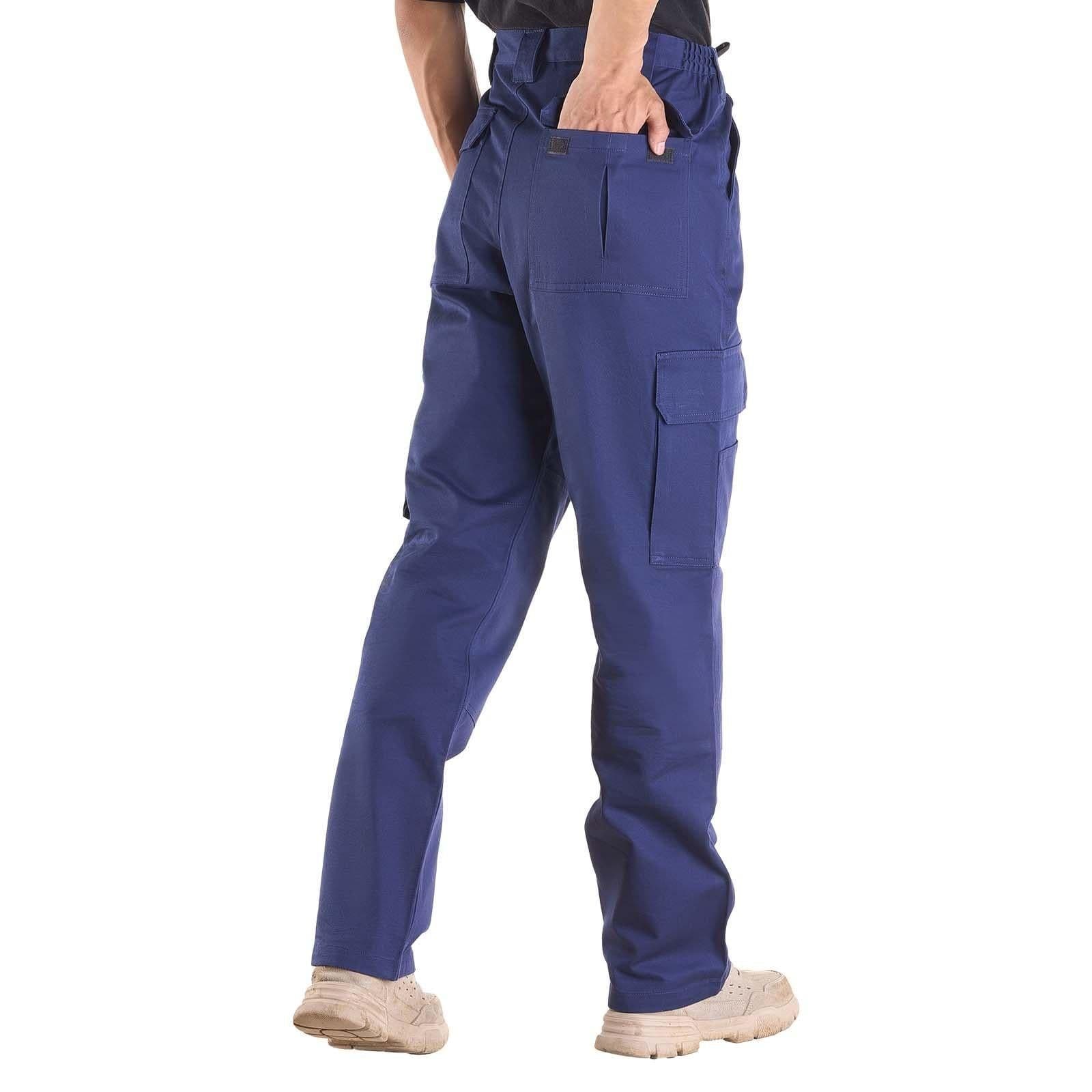image-VEVOR FR Pants for Men, 9 oz 100% Cotton, Flame-Resistant Cargo Pants with Multi-Pockets and Elastic Waist, Reinforced Tear-proof Stitching, Ideal for Welding Work and Casual Wear, M Size, Dark Blue